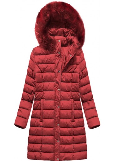 Červená dlhšia prešívaná bunda s kapucňou