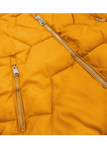 Žltá prešívaná bunda s kožušinou
