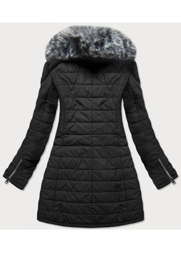 Čierny prešívaný kabát s kožušinou