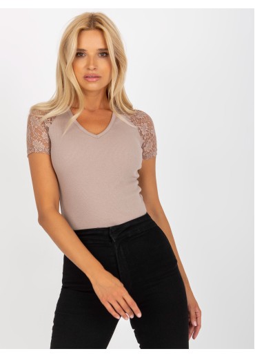 Béžovo hnedé tričko s čipkovanými rukávmi