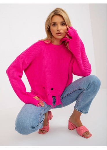 Neónovo ružový potrhaný sveter