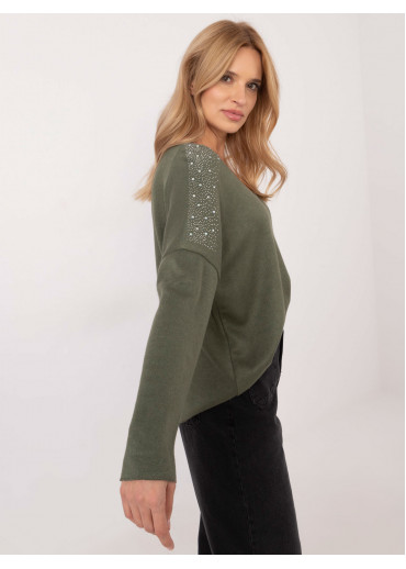 Khaki zelený dámsky sveter s aplikáciou