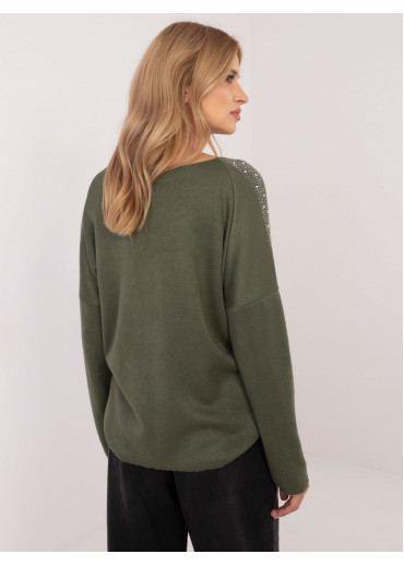 Khaki zelený dámsky sveter s aplikáciou