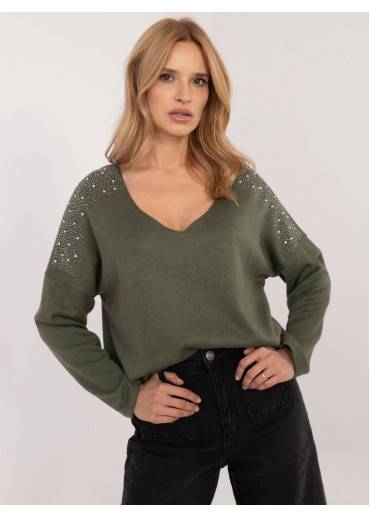 Khaki zelený dámsky sveter s aplikáciou