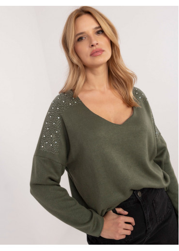 Khaki zelený dámsky sveter s aplikáciou